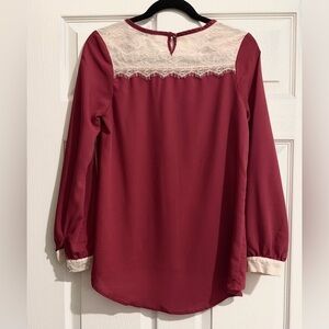 Chloe K Wine Red Blouse with Lace Accents